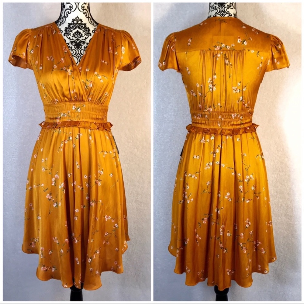 Express Floral Yellow Gold Satin Dress